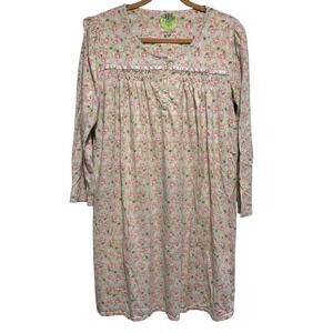 White Orchid Nightgown Large Pink Floral Rose Lace Smocked Long Sleeve Sleepwear